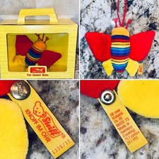 80s STEIFF BABY RATTLE Rainbow Red Butterfly Plush Infant Gift Velour Germany