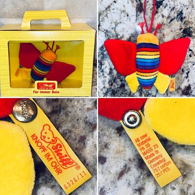 80s STEIFF BABY RATTLE Rainbow Red Butterfly Plush Infant Gift Velour Germany