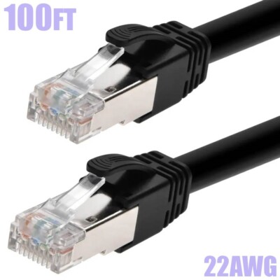 100FT Cat6A RJ45 Network LAN Ethernet PoE Shielded UTP Patch Cable 22AWG Black