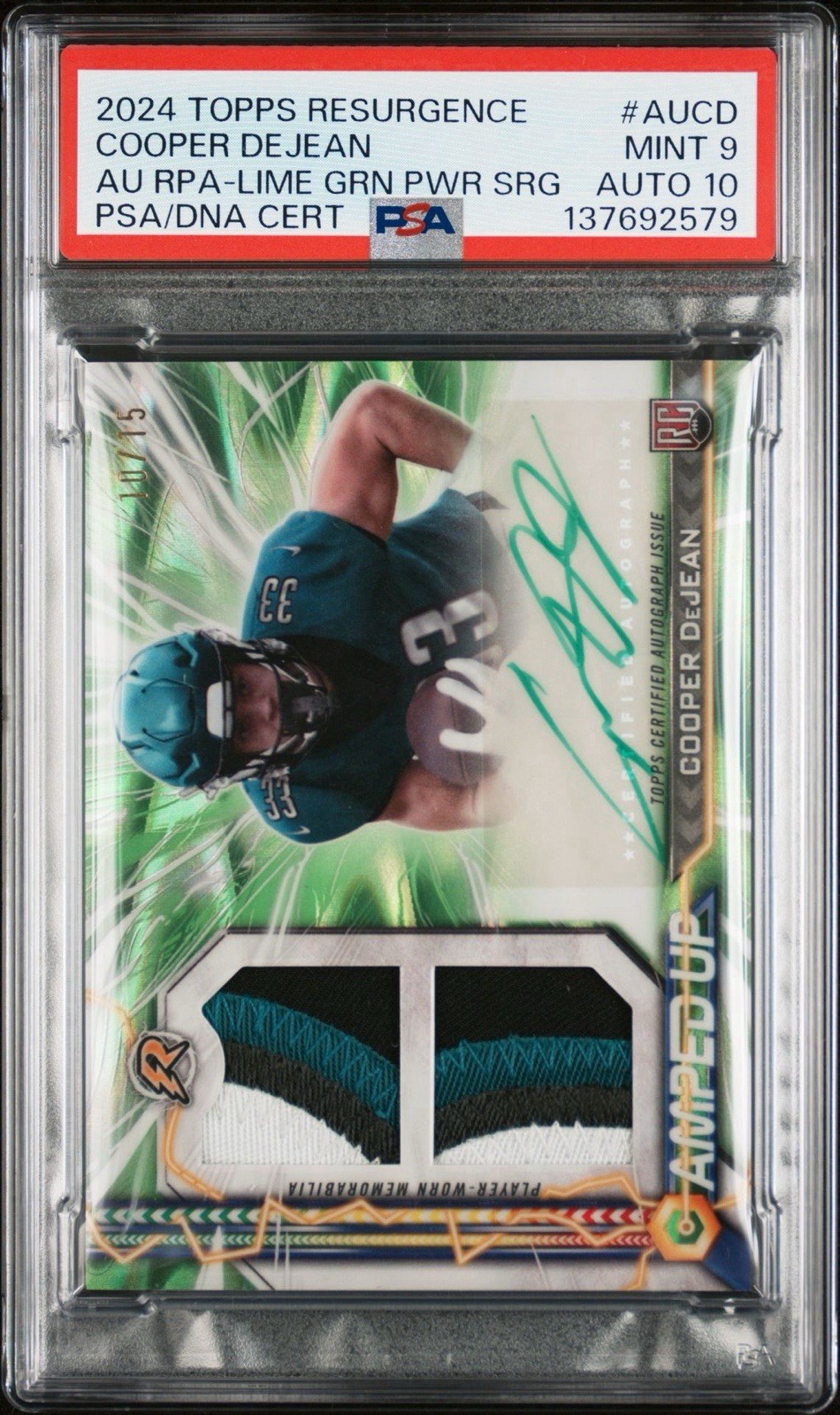 Cooper DeJean Topps Resurgence Amped Up Rookie Patch Autographs #AUCD Lime Green Power Surge