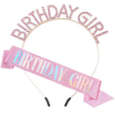 Glitter Birthday Sash, Tiara and Rhinestone Headband Set - Pink Birthday Accesso
