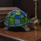 Vintage Tiffany Style Stained Glass Turtle Lamp Accent Light Blue Green Metal