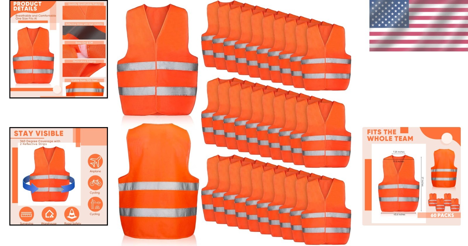 Safety Vests Bulk 60 Pack High Visibility Reflective Strips - second product detail image