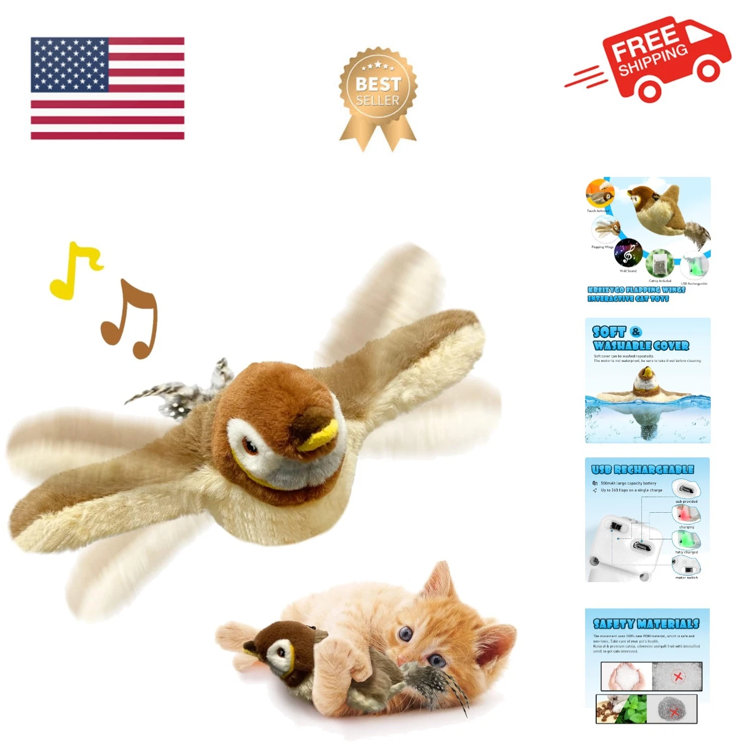 Cat Toys, Flapping Wings Sparrow, No Flying, Chirping Bird Interactive Catnip...