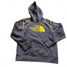 The NORTH FACE Boys Sz M 10/12 Grey Performance Hoodie, Yellow Trim/Logo