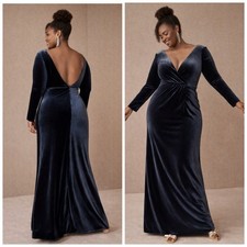 BHLDN Jenny Yoo Ryland Velvet Blue Maxi Dress Long Sleeve Size 22