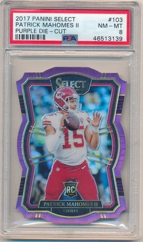 PATRICK MAHOMES 2017 PANINI SELECT #103 RC PURPLE DIE CUT PRIZMS SP #75/75 PSA 8