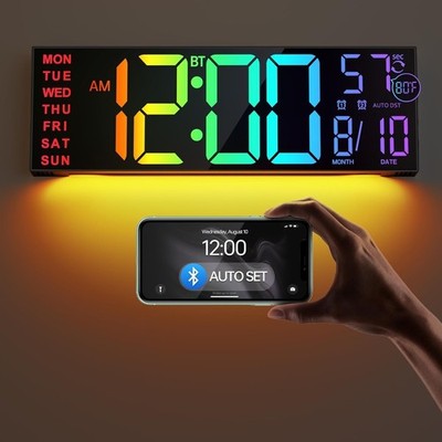JALL 16.2'' Large Digital Wall Clock with Bluetooth Sync, RGB Digital Clock La...
