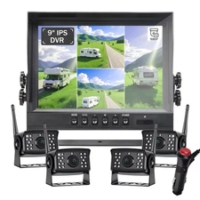 9" Quad Monitor DVR 1080P Wireless Backup Camera Side View for RV/Truck/Trailer