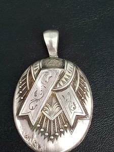Antique Victorian Aesthetic Movement Ribbon Mourning ? Silver Oval Pendant