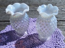 Fenton Glass Pair Of Hobnail Opalescent Fluted Vases Vintage