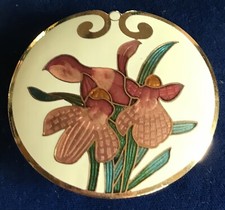 CLOISONNE ENAMEL Vintage 2.5" Belt Buckle Flower Iris Orchid Pink Green Gold
