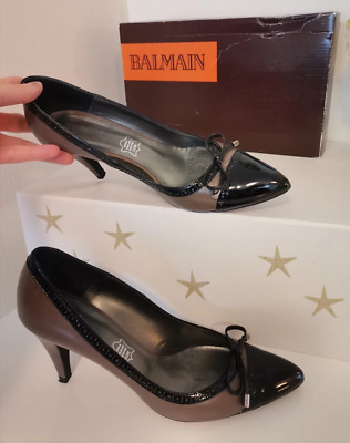 BALMAIN Damen PUMPS SCHUHE edel LACK LEDER Taupe Schwarz GR 38 TOP Zustand 8cm