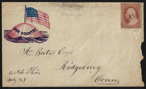 US 1861 PATRIOTIC CIVIL WAR COVER FRANKED SC 29 ESSEX COUNTY TO RIDGEBURY CONN - Afbeelding 1 van 1