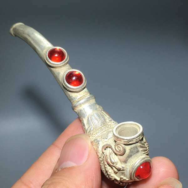 tobacco rod 46g Tibetan silver copper faucet pipe smoking tool statue sacred tobacco rod