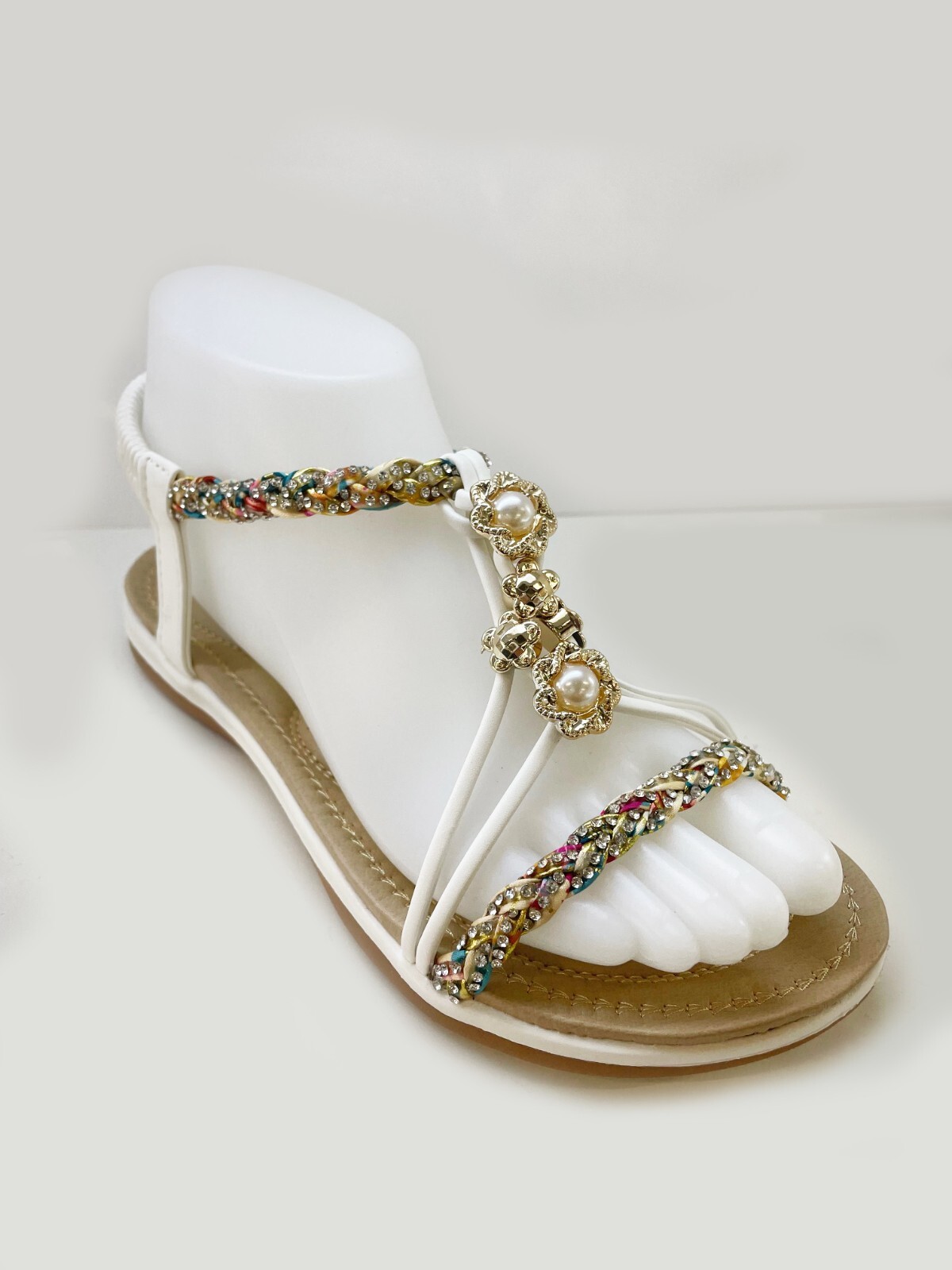 Sandalias informales para mujer blancas trenzadas florales con correa de diamante y punta abierta. EU36-41