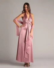 ASPEED DUSKY PINK SILKY HALTER PARTY DRESS & SCARF, UK-8, US-XS