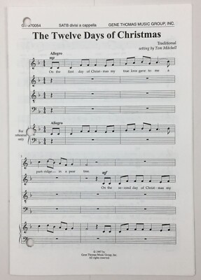 Twelve Days of Christmas SATB Divisi A Cappella Piano Sheet Music Gene Thomas