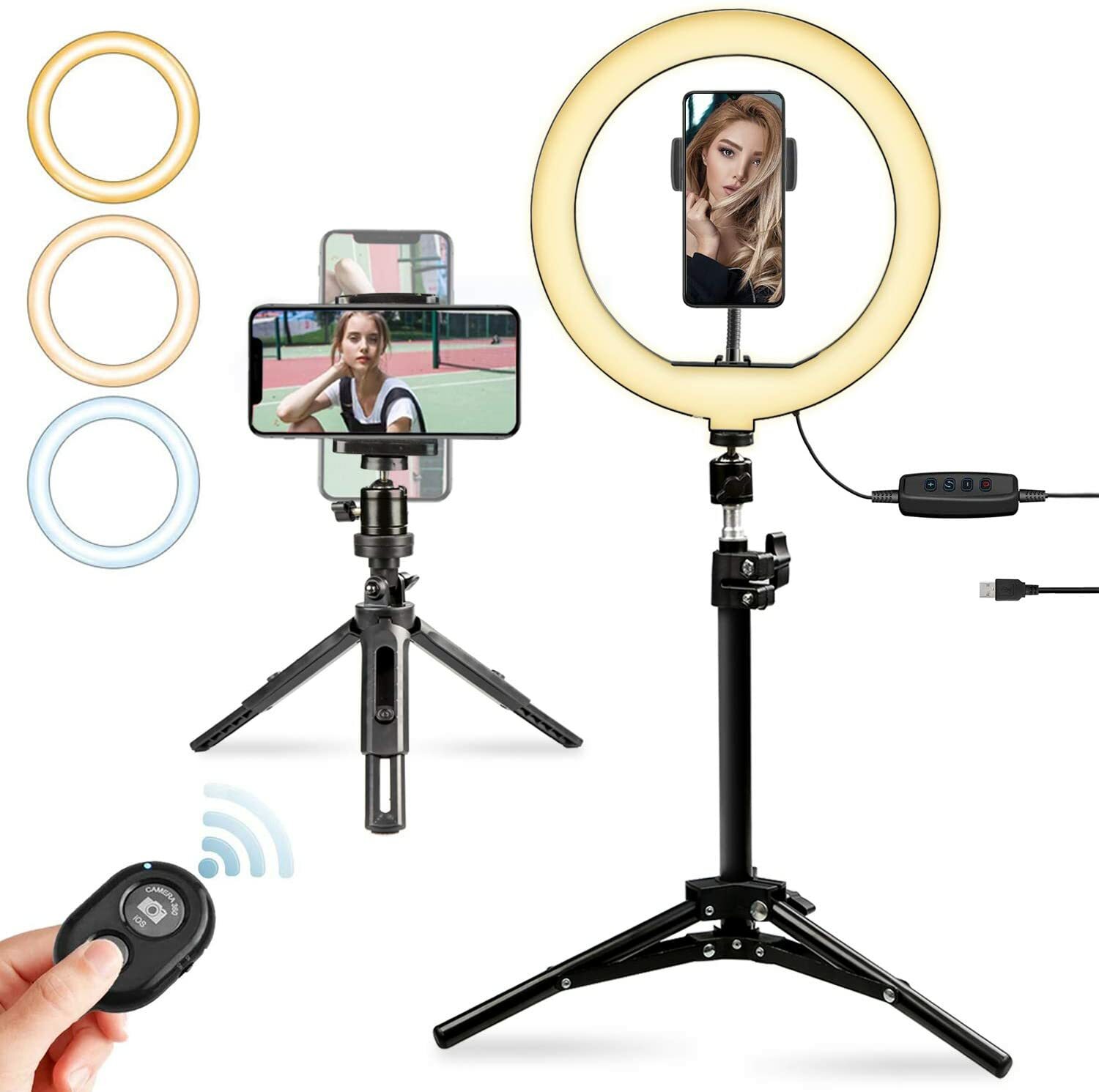 LED Ring Light with Two Tripod Adjustable and Phone Holder, 10” Dimmable Circle-image