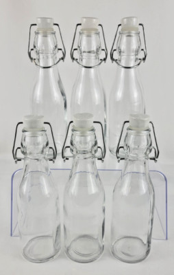 Oneida Americana Swing Top Clear Glass Bottle W/Stopper S/6 Beer Vanilla 8.5 oz