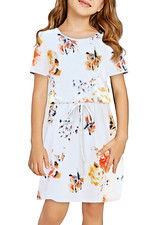 White Floral Print Drawstring Short Sleeve Girl's Size "S 4Y-5Y " Mini Dress