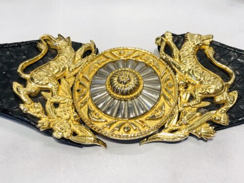 Judith Leiber Amen Wardy Wide Black Snakeskin Gold Plated Buckle Waist Belt - Picture 2 of 6