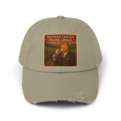 Unisex Distressed Hat Chardonnay Cat Vine Elegance