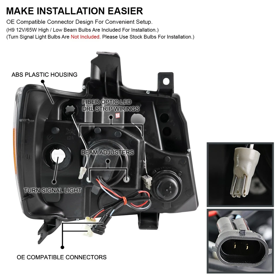 Jet Black Fits 2007-2013 Avalanche Tahoe Suburban LED DRL Projector Headlights Foto 4 de 4