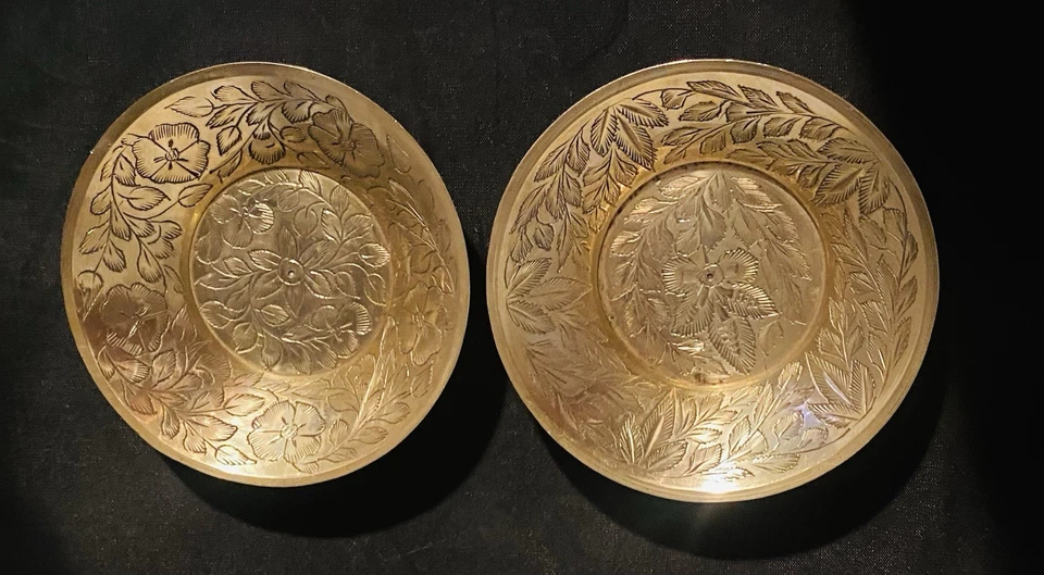 Vintage Set of 2 Small Brass Bowls w/Intricate Floral Etched Engraved 3.25” H.H. - Image 2 of 4