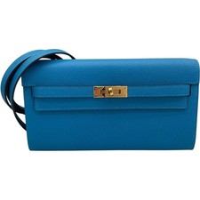HERMES Kelly To Go Z Stamp Blue Frida GHW Chevre Shoulder Bag #100