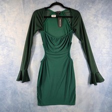 PrettyLittleThing Emerald Green Mesh Sleeve Cut Out Mini Dress Cowl Neck US 4