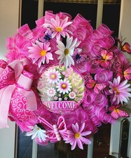 Everyday Deco Mesh Wreath WELCOME Hot Pink Butterflies Daisys Handmade