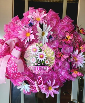 Everyday Summer Deco Mesh Wreath WELCOME Hot Pink Butterflies Daisys Handmade