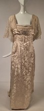 MUSEUM Q EDWARDIAN FLORAL BROCADE SILK WEDDING DRESS W BEADING  HAND MADE LACE