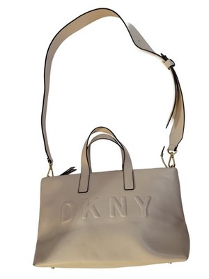 DKNY Beige Faux Leather Tilly Large Font Tote Shopping Bag w Adj Shoulder Strap