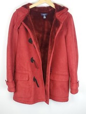 Chaps Women's M Red Coat Faux Suede Duffle Coat Black Toggles Faux Fur Lining