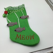Cat Themed Christmas Stocking Green Felt MEOW 19  