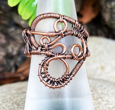 Wire Wrapped Statement Ring Size 8 Swirl Unique Artsy Handcrafted Boho Jewelry