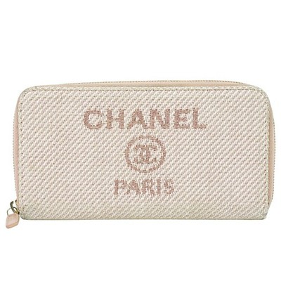 CHANEL Deauville Canvas Round Zip Wallet Pink Gold