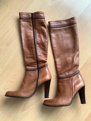 Echtleder Stiefel, Langschaftstiefel, hellbraun, Trichterabsatz, Gr. 36 - Bild 1 von 4