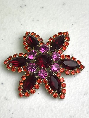 Vintage ROBERTA CHIARELLA Red Pink Fire Orange Rhinestone Brooch Signed # 15