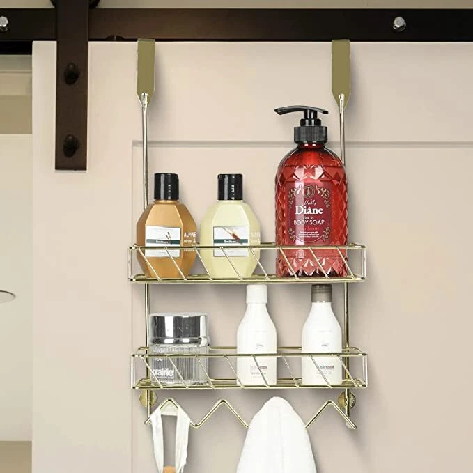 Brass Metal Bath Storage Shelf Rack Over The Door Hanging Bathroom Organizer