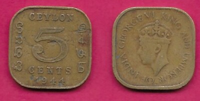 CEYLON (SRI LANKA) 5 CENTS 1944 XF GEORGE VI,CROWNED HEAD LEFT