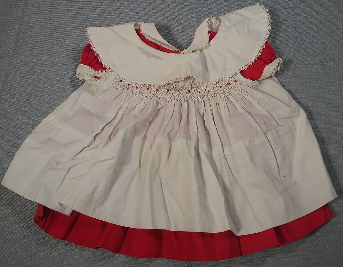 Polly Flinders Dress Girls months Hand Smocked Red White Vintage 60s 70s  Baby