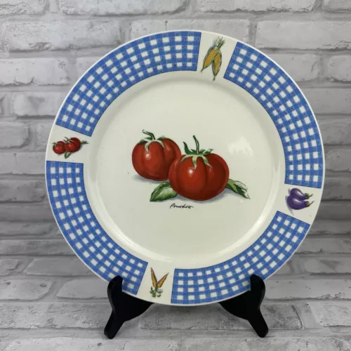 Tabletops Unlimited Fresh Vegetable Dinner Plates 10.75" Tomato Blue Checked