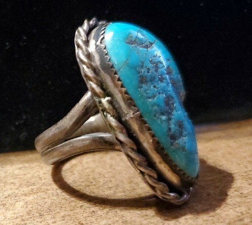 Vintage Turquoise Native American Navajo Heavy Men's Ring Sterling Size 12 - Picture 2 of 5