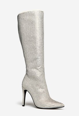 Pedrina by SHOEDAZZLE, Silver rhinestone bling 4'' stiletto knee boots, SZ 6.5 WC