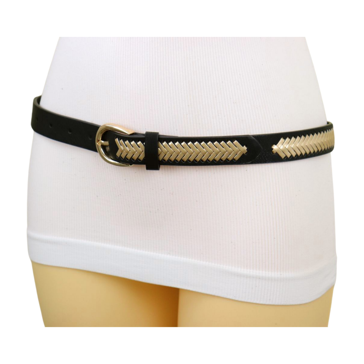 Gold and Black Braided Loop Waist Belt - Women\'s Fashion Accessory Women Black Faux Leather Gold Weave Braide Narrow Band Loop  main image 2
