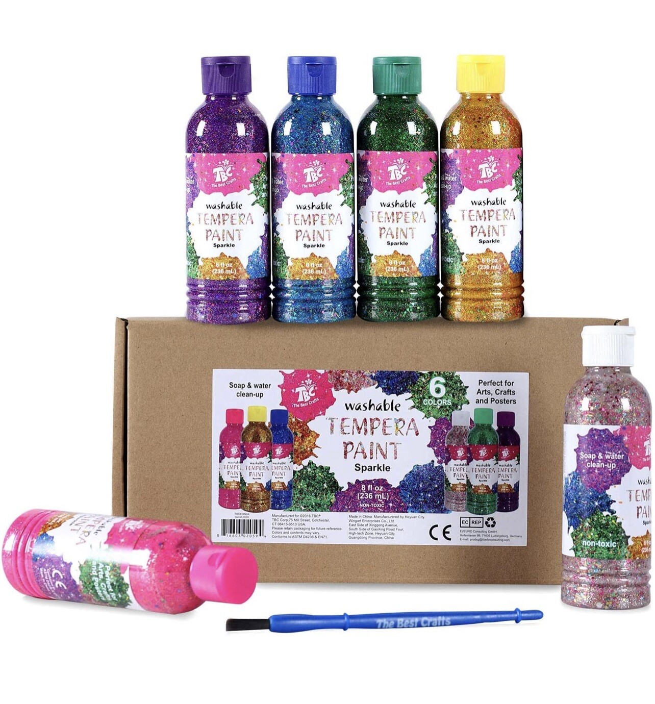 TBC The Best Crafts Tempera Paint,Washable Sparkle Paint, Non Toxic, 6x 236ml