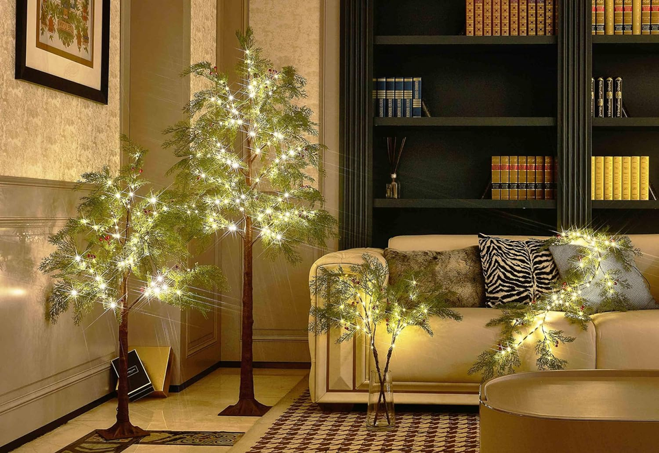 Lighted Cypress Pine Tree with Red Berry 90 Fairy Lights 4FT Plug In